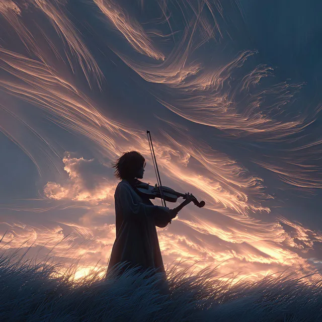 Wind of Strings artwork, the silhouette of a violinist playing against wind-swept clouds lit by a low sun.